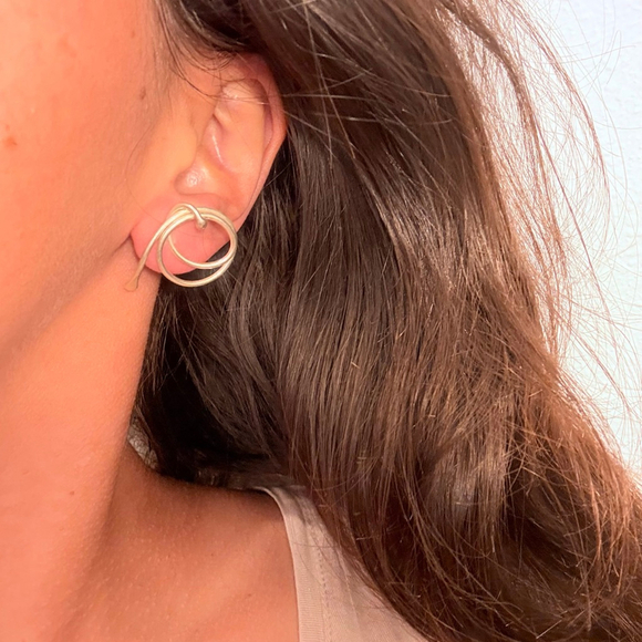 14K Gold Modernist Vortex Round Coil Sterling Silver 925 Jensen Vintage Earrings - Picture 3 of 9